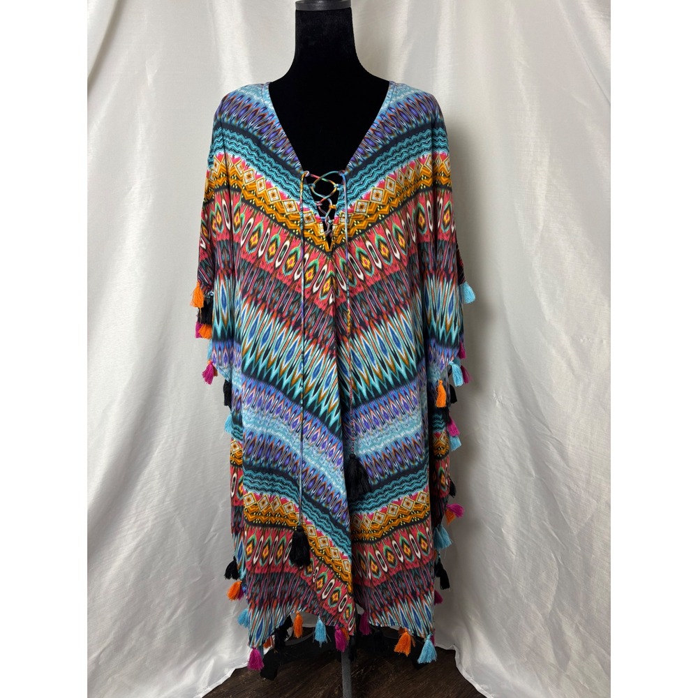 Miraclesuit Kaftan Cover Up Womens M Multicolor Ikat Tassel Lace Up